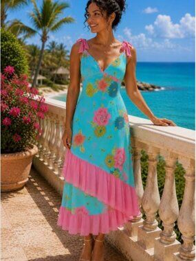 Vintage Y2K Floral Tie Shoulder Asymmetric Ruffle Hem Resort Midi Dress Sz Large